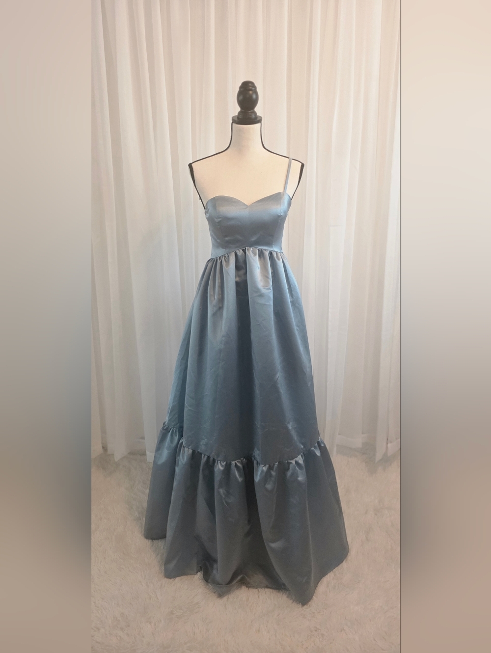 Satin Sweetheart Neckline Maxi Dress in Dusty Blue